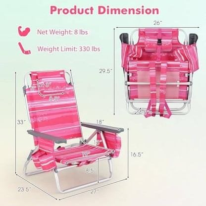 Tangkula Set of 4 Backpack Beach Chair, 5-Position Lay Flat Beach Chairs with Cooler Bag, 2 Cup Holders, Towel Bar, Lightweight Low Folding Beach Chair with Backpack Straps - color: Pink Stripe, style: 4 Pack