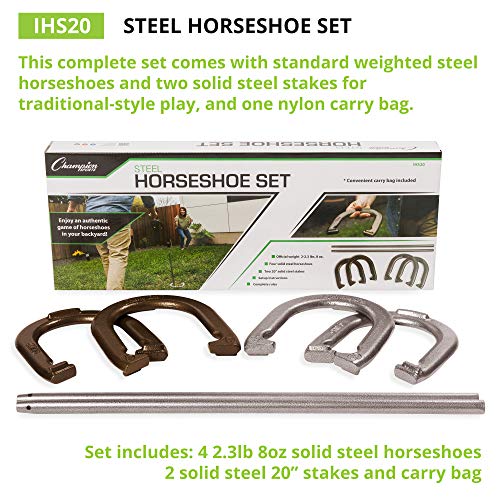Champion Sports Horseshoe Set: Traditional Outdoor Lawn Game includes Four Professional Solid Steel Horseshoes with Solid Steel Stakes & Carrying Storage Case - style: Classic Set