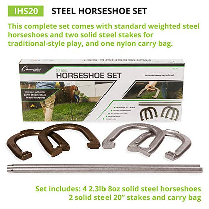 Champion Sports Horseshoe Set: Traditional Outdoor Lawn Game includes Four Professional Solid Steel Horseshoes with Solid Steel Stakes & Carrying Storage Case - style: Classic Set