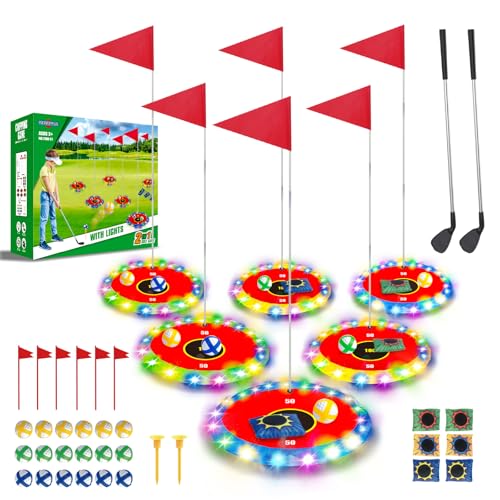 TERRAMUS Glow in the Dark Golf & Toss Game, 2 in 1 LED Target Set with 2 Clubs, 18 Balls, 6 Bean Bags, Outdoor Indoor Backyard Toy for Kids Ages 4 5 6 7 8, Birthday Gifts for Boys Girls - color: Red
