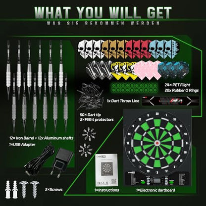 CyeeLife Electronic Dart Board,Soft Tip Dartboard Set,Digital Electric Dart Boards with LED,12 Darts 24 Flights 50 Tips 2 Flight Protectors Power Adapter - color: Electronic DartBoard + Dart Set + Throw Line