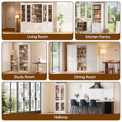 Vyre 70.8" Tall White Bookshelf with Glass Doors, Farmhouse Modular Bookcase with 6-Tier Adjustable Shelves, Large Storage Cabinet for Home Office, Living Room, Set of 2 - color: White