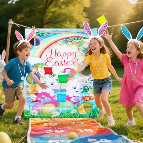 27 Pack Easter Outdoor Party Games for Kids, 4 Bunny Potato Sack Race Jumping Bags, 4 Egg and Spoon Games, Toss Banner and 4 Bean Bags, Legged Relay Race Bands, Easter Games Prizes Supplies