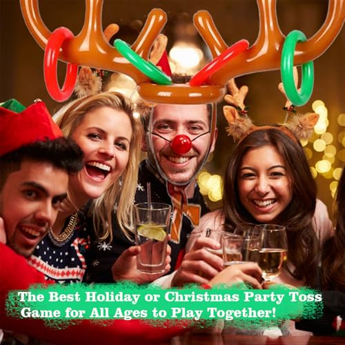 4 Set Inflatable Reindeer Antler Ring Toss Game for Xmas Party, 2025 Christmas Antler Hat Ring Toss Game for Kids Adults, Family Indoor Outdoor Reindeer Toss Game (4 Antlers 16 Rings 1 Pump)
