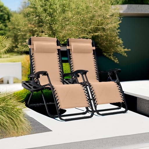Best Choice Products Set of 2 Adjustable Steel Mesh Zero Gravity Lounge Chair Recliners w/Pillows and Cup Holder Trays - Beige - color: Beige, size: Standard