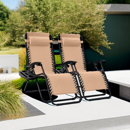 Best Choice Products Set of 2 Adjustable Steel Mesh Zero Gravity Lounge Chair Recliners w/Pillows and Cup Holder Trays - Beige - color: Beige, size: Standard