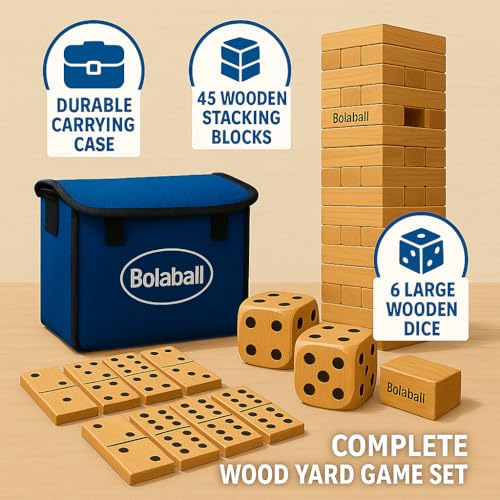 Bolaball Extreme Fun Pack Including 45 Giant Tumbling Blocks, 28 Giant Dominoes, and 6 Giant Dice, Giant Outdoor Games for Family Fun, Set of 3, Classic Block Giant Outdoor Game for 13+ Age Group