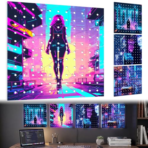 Gaming Room Wall Decor Pegboard, 12x12 Inch Metal Display Board for Controller & Headset, Gaming Setup Wall Organizer for Desk, Dorm, Office - style: Future City Style