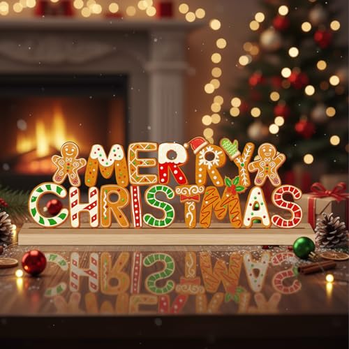Christmas Decorations Merry Christmas Metal Table Sign, Gingerbread Cookie Letters Holiday Tiered Tray Decor Cute Tabletop Centerpiece for Home Mantel Kitchen Shelf Party Gift - style: Merry Christmas