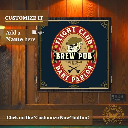 Personalized Dart Board Cabinet Set with 6 Steel Tip Darts, Paper Dartboard, Chalk & Eraser (21.5 x 21.5 x 2.75) - Man Cave Dart Boards for Adults - style: Brew Pub Dart Parlor