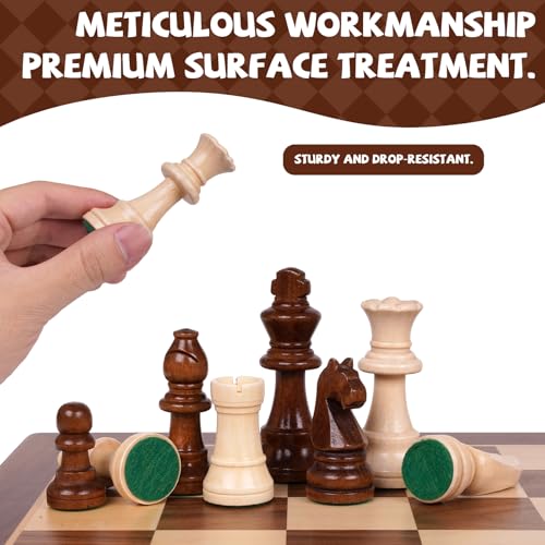 Large 17” Wooden Chess Set for Adults and Kids– Large Solid Folding Wood Chess Board with Hand-Carved Pieces, 3.25” King, 2 Extra Queens, Family Classic Strategy Board Game