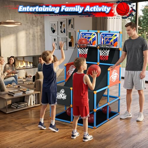 Dual Shot Arcade Basketball Game Set Boy Toys:Kids Basketball Hoop with 6 Balls Electronic Scoreboard LED Light Indoor Outdoor Sports Toy Activities for Boys Girls Birthday Gifts Aged 3-5 6-8 8-12 - style: Blue Double Scoring Basketball Hoop