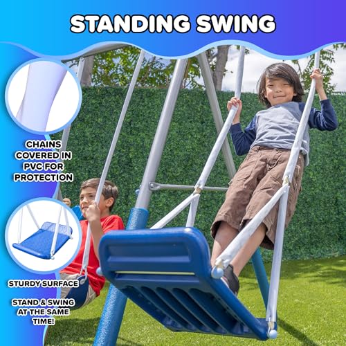 Sportspower Super Surfer Metal Swing Set with 6ft Slide, Skyflyer, Surfboard, Standing & Classic Sling Swing, for Ages 3-8