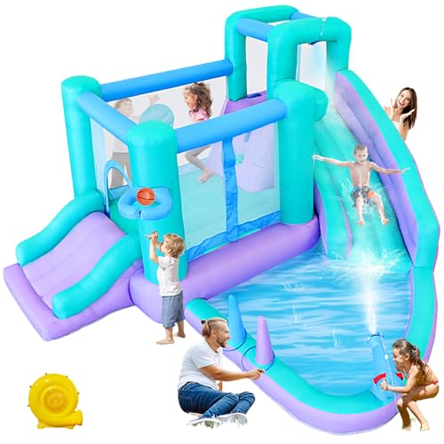 Inflatable Bounce House Water Slide, 141 x 138 x 78 Inches Blow Up Water Slides, Splash Pool, Basketball, Ring Toss Game, Target Balls, Water Cannon, Climbing Wall, Blower Included