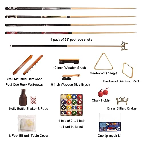 Pool Table Accessory Kit Premium Billiard Acc Kit Professional Billiards Equipment Deluxe Snooker Parts - 58 Inch Pool Sticks 2-1/4 Inch Billiard Balls Set Bridge Stick and Head Brush etc