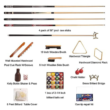 Pool Table Accessory Kit Premium Billiard Acc Kit Professional Billiards Equipment Deluxe Snooker Parts - 58 Inch Pool Sticks 2-1/4 Inch Billiard Balls Set Bridge Stick and Head Brush etc