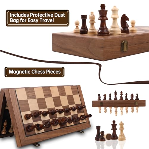 Ajedrez Magnetic Wooden Chess Set, 15" Walnut Folding Chess Board with Handcrafted Staunton Pieces 2 Extra Queens, Portable Travel Chess Board Game for Adults Kids, Gift Box & Storage Bag - color: Gray