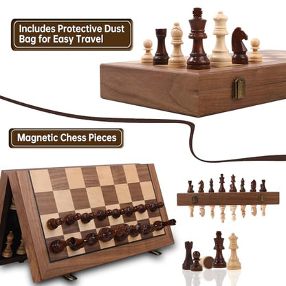 Ajedrez Magnetic Wooden Chess Set, 15" Walnut Folding Chess Board with Handcrafted Staunton Pieces 2 Extra Queens, Portable Travel Chess Board Game for Adults Kids, Gift Box & Storage Bag - color: Gray