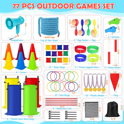 77 Pcs Potato Sack Race Bags, 8-in-1 Outdoor Carnival Games for Kids and Adults, Bean Bags Ring Toss, Tug of War Rope, Megaphone, Field Day Games for Lawn, Backyard, School, Birthday, Family, Beach