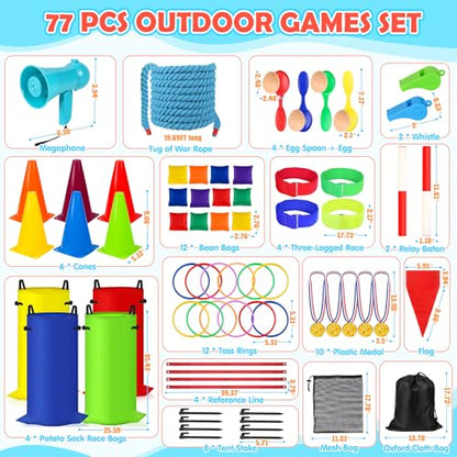 77 Pcs Potato Sack Race Bags, 8-in-1 Outdoor Carnival Games for Kids and Adults, Bean Bags Ring Toss, Tug of War Rope, Megaphone, Field Day Games for Lawn, Backyard, School, Birthday, Family, Beach