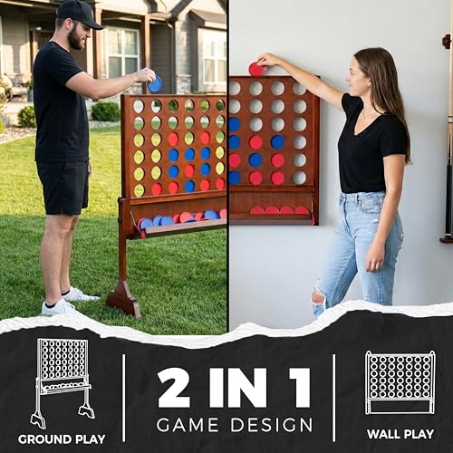 Height Adjustable (2.75-3.75 FT) Giant Wooden 4 in A Row Game | Foldable Tray, 2 Styles of Play: Wall Mounted or Set-up on Ground, Carrying Case, Detachable Legs - style: Premium (Adjustable 33"-45")
