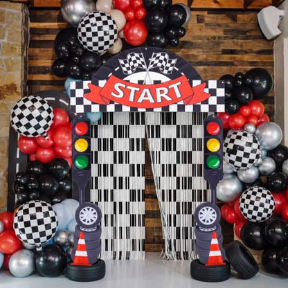 Peryiter 88 Pcs Race Car Party Decorations Set Checkered Start Backdrop Banner Black White Checker Foil Fringe Curtain Balloon Arch Kit, Racing Supplies for Birthday Car Show Kart Theme Games - style: Race Car