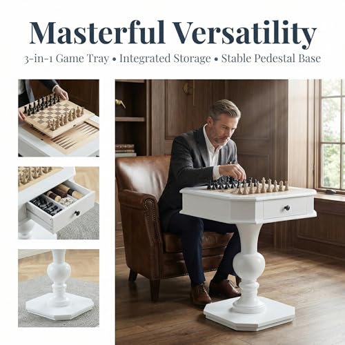 Chess Table, Reversible Chess Checker Game Table with 2 Drawers for Family Entertainment Room, 3-in-1 Square Game Tray for Chess Checker Backgammon, White - size: 28''-Chess Table White