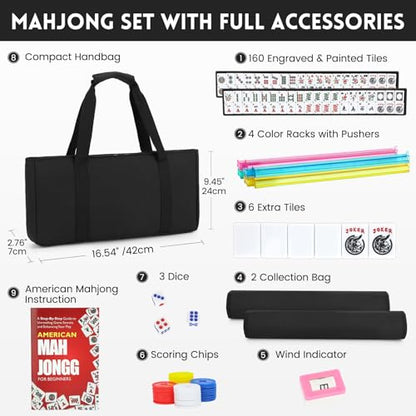American Mahjong Tile Set,166 White Tiles Mahjong Set,4 Colors Mahjong Racks,Travel Mahjong Set with Black Carrying Bag - style: Black Bag