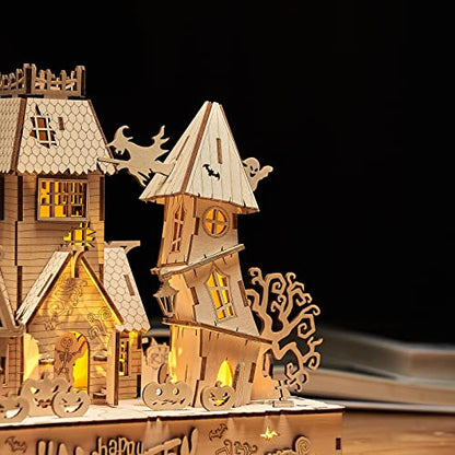 3D Wooden Puzzles Halloween House Kits Includes Light Strip, Brainteaser and Puzzle for Halloween/Birthday,Gifts for Adults and Teens to Build Combination - style: Halloween House