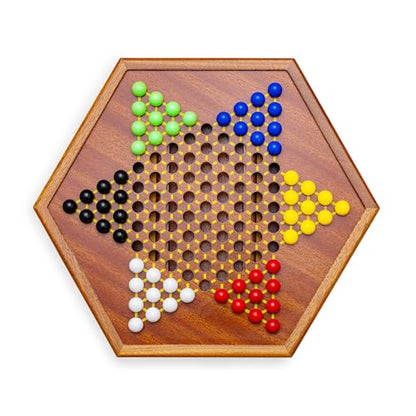 Wooden Chinese Checkers Game Set with Storage Drawer, 12.6 inches - Includes 60 Colorful Acrylic Chess Pieces (6 Colors) - Classic Strategy Board Game