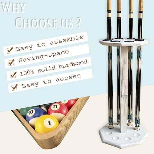 Freestanding Billiard Cue Rack, Pool Table Accessories Hold 8 Cues, Pool Cue Stick Holder, Wooden Floor Stand Pool Cue Holder for Billiard Game Room (White) - color: White