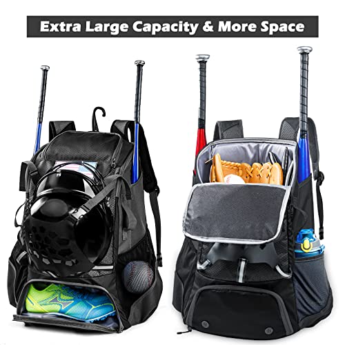 Baseball Backpack for Youth, Boys, Adults - Bat and Softball Equipment Bag With Glove Holder, Helmet, Shoes Compartment - T-Ball Accessories and Baseball Gifts - color: Black-42L
