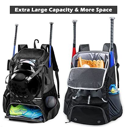 Baseball Backpack for Youth, Boys, Adults - Bat and Softball Equipment Bag With Glove Holder, Helmet, Shoes Compartment - T-Ball Accessories and Baseball Gifts - color: Black-42L