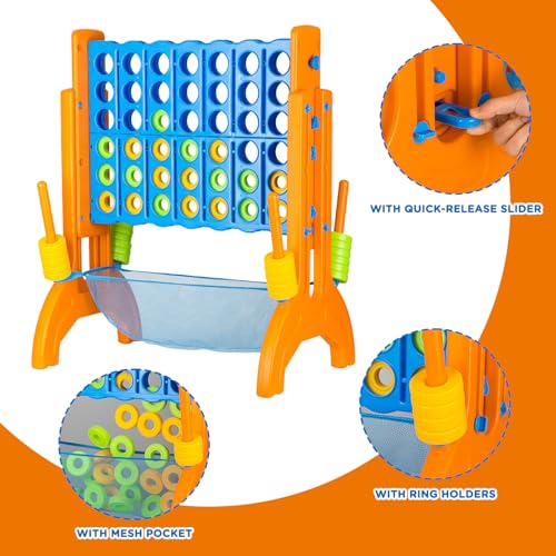 Ayeboovi Jumbo 4-in-A-Row Game, Adjustable Height 4-to-Score Family Strategy Board Game with Mesh Pocket, Oversized Backyard Outdoor Game for Kids & Adults