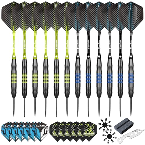 Darts Metal Tip Set 12pcs+24pcs Dart Flights+Dart Accessories Kit.Professional Steel Tip Darts - color: green and blue