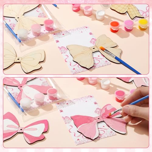 Saypacck 24 Pcs Pink Bow Party Favors Wooden Painting Craft Kits Birthday Party Supplies with Organza Bag for Goodie Bags Fillers Adult Thank You Gifts - style: Bowknot Style