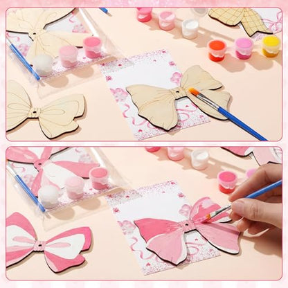 Saypacck 24 Pcs Pink Bow Party Favors Wooden Painting Craft Kits Birthday Party Supplies with Organza Bag for Goodie Bags Fillers Adult Thank You Gifts - style: Bowknot Style