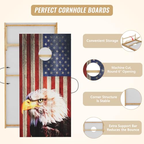 Cornhole Board Set,Corn Hole Games for Adults Outdoor,2X4FT Solid Wood Regulation Cornhole Boards with 8 Cornhole Beans Bags & Carry Case - style: Eagle's Head&American Flag