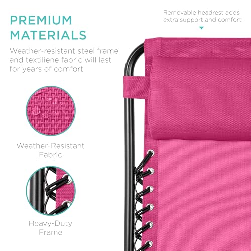 Best Choice Products Set of 2 Adjustable Steel Mesh Zero Gravity Lounge Chair Recliners w/Pillows and Cup Holder Trays - Hot Pink/Black - color: Hot Pink, size: Standard