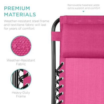Best Choice Products Set of 2 Adjustable Steel Mesh Zero Gravity Lounge Chair Recliners w/Pillows and Cup Holder Trays - Hot Pink/Black - color: Hot Pink, size: Standard