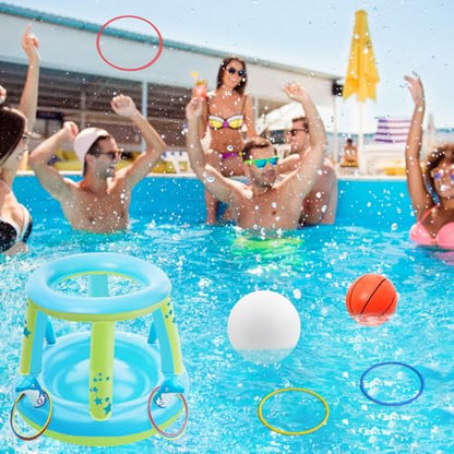 Jasonwell Pool Toys Games Set - 3 in 1 Pool Volleyball Net Basketball Hoop Ring Toss Game Inflatable Floats Water Floating Volleyball Swimming Pools Party Game Gift Kids Teens Adults (Blue&Yellow, L) - color: Blue&yellow, size: Large