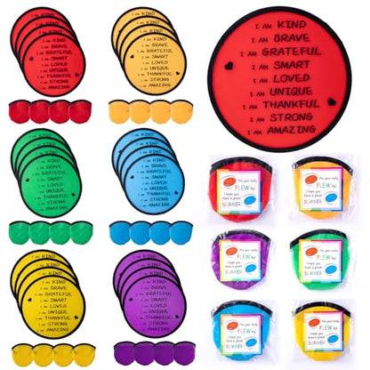End of the Year Gifts for Students Bulk Foldable Flying Disc Fans Set with Stickers Bags, End of Year Student Gifts from Teacher Beach Fun Folding Pocket Hand Fans for Outdoor Activities Games - style: 24 Pcs Inspirational Flying Disc Fans-A