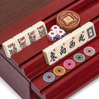 Yellow Mountain Imports American Mahjong Set – Classic Royale II with Redwood Veneer Case, Wooden Pusher Racks, Wind Indicator, Dice & Wright Patterson Scoring Coins