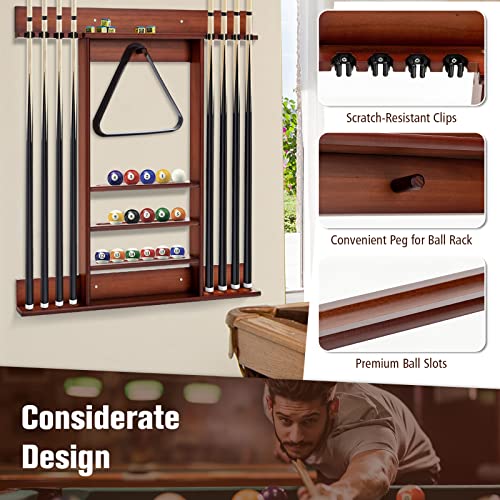 LDAILY Pool Cue Rack Only, Wooden Pool Cue Holder, Holds 8 Cues, 16 Billiard Balls & Ball Rack, Pool Stick Holder Wall Mount for Billiard Room, Club & Man Cave, 31" L x 3" W x 36" H (Coffee)