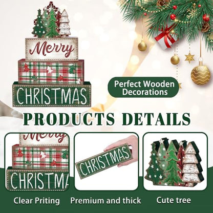 DIYDEC 4Pcs Christmas Table Decoration Green Tree Wooden Block Sign Christmas Tiered Tray Decor Winter Centerpiece Decorative Sign for Xmas Holiday Tabletop Coffee Fireplace Shelf Desk Party Decor - style: Green Tree