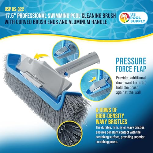 U.S. Pool Supply 17.5" Pool Brush Head for Inground Pools - Swimming Pool Brush with Curved Ends, Aluminum Pole Handle, Durable Bristles, Scrub Floors, Walls, Step - Above Ground, Vinyl Liners, Leaves - style: 17.5” Curved with Wall Flap