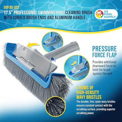 U.S. Pool Supply 17.5" Pool Brush Head for Inground Pools - Swimming Pool Brush with Curved Ends, Aluminum Pole Handle, Durable Bristles, Scrub Floors, Walls, Step - Above Ground, Vinyl Liners, Leaves - style: 17.5” Curved with Wall Flap