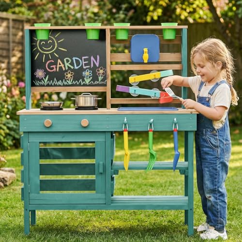 Wooden Outdoor Mud Kitchen for Kids, Pretend Play Kitchen Playset with Removable Sink, Faucet, Stove Top, Planting Area & Cooking Accessories, Toddler Gift for Boys Girls Ages 3+ (Green) - color: Green