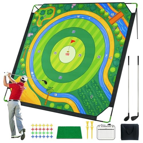 Golf Chipping Game Set with 2 Clubs – Large 71x71 inches Chipping Mat Target, 24 Sticky Balls, Hitting Mat & Scoreboard – Portable Backyard Golf Practice Game for Camping, Home & Gifts