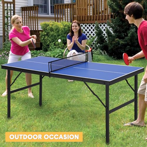 Portable Collapsible Ping Pong Table 60x26x27.5 in - Waterproof Table Tennis Set for Indoor & Outdoor - Includes Net, 2 Paddles, 3 Balls - Lightweight, Easy Assembly - Blue (New Blue)